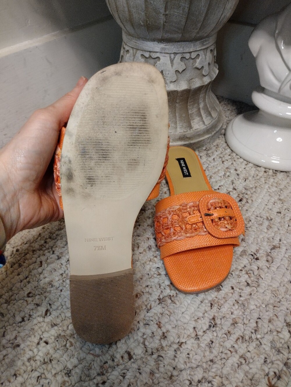 Nine West Hagleigh Buckle & Rattan Crochet Trimmed, Linen-Like Slide Sandals - Picture 4 of 6